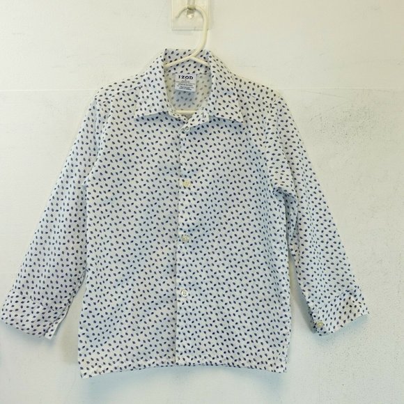 IZOD Boy Cotton White Blue Shirt 5 MEDIUM Button Up‎ Stretch Leaf Long Sleeve - Picture 1 of 12